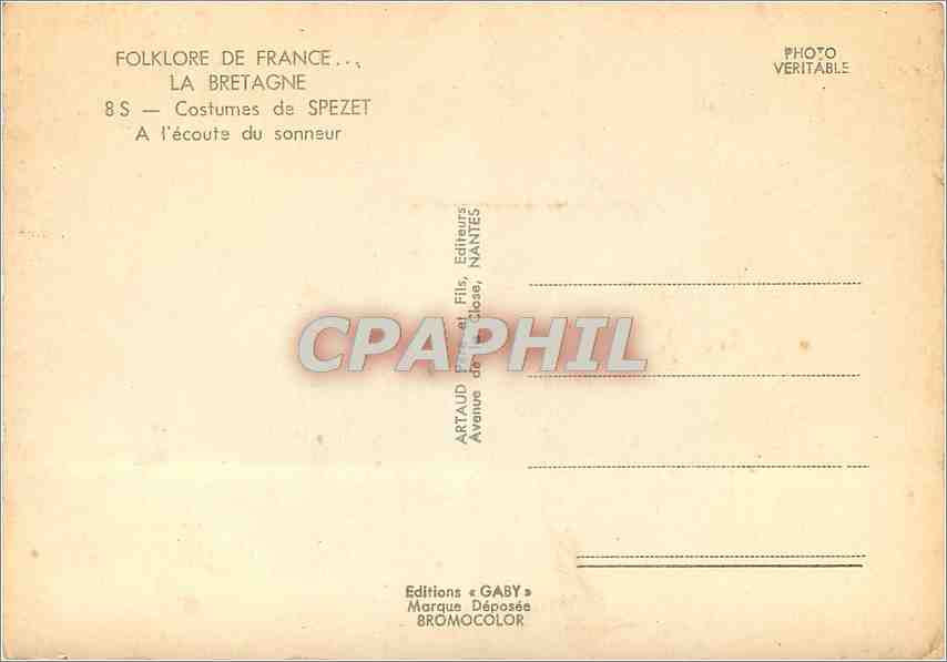 CPM La Bretagne Costumes de Spezet a l'ecoute du Sonneur — Rückseite