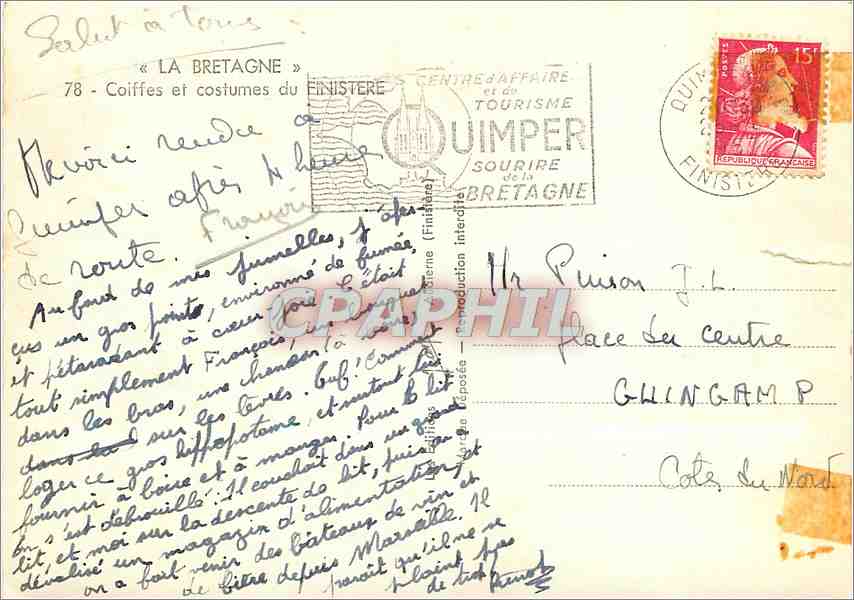 CPM La Bretagne Coiffes et Costumes du Finistere — Rückseite