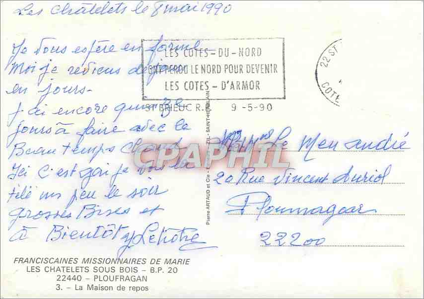 CPM Franciscaines Missionnaires de Marie les chatelets sou bois Ploufragen la Maison de repos — Rückseite
