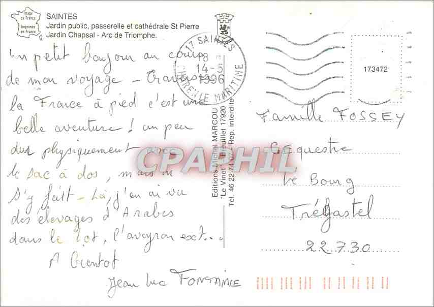 Saintes — Jardin public, passerelle et cathédrale St Pierre — Arc de Triomphe — Éditions Michel MARCOU — Verso