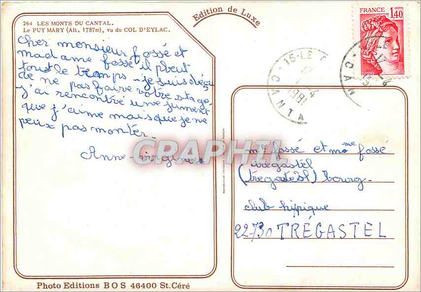 CPM Les Monts du Cantal Le Puy Mary (alt 1787 m) vu du Col d'Eylac — Verso