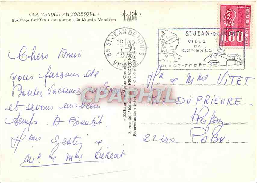 Coiffes et costumes de La Vendée — Édition de l'État de l'Estuaire — n°85-074 — Back