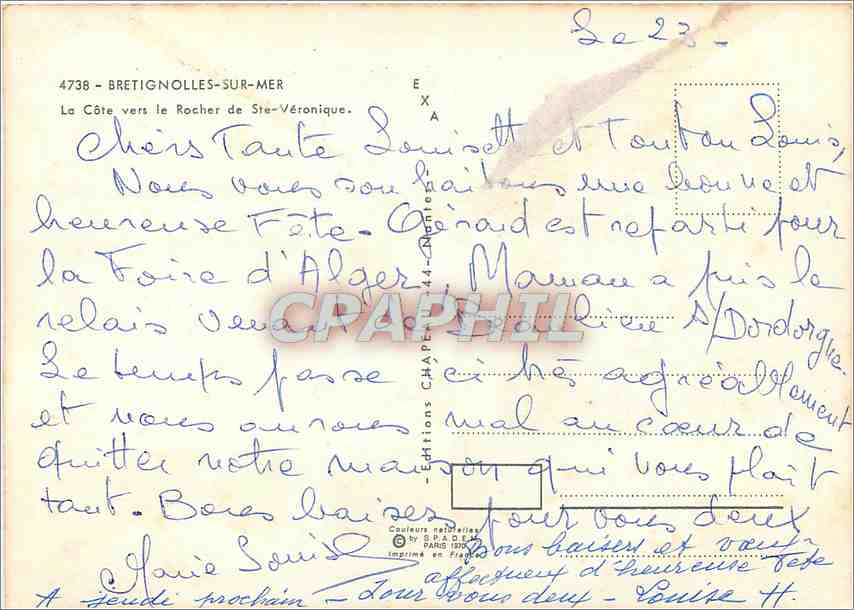 Bretignolles-sur-Mer — La Côte vers le Rocher de Ste-Véronique — Éditions S.P.A.D.E. n°4738 — Verso