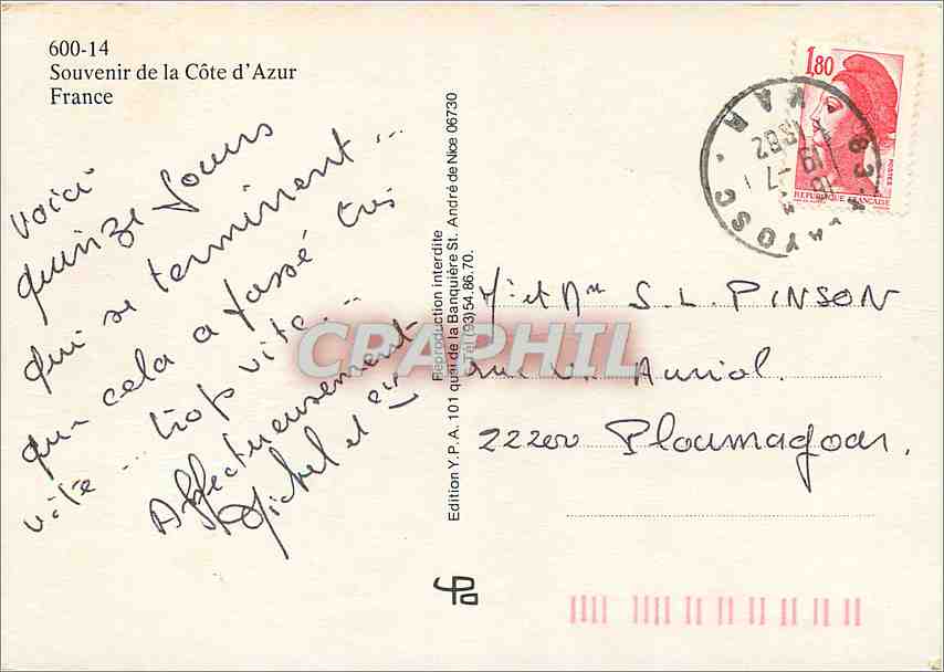 CPM Souvenir de la cote d'Azur France — Verso