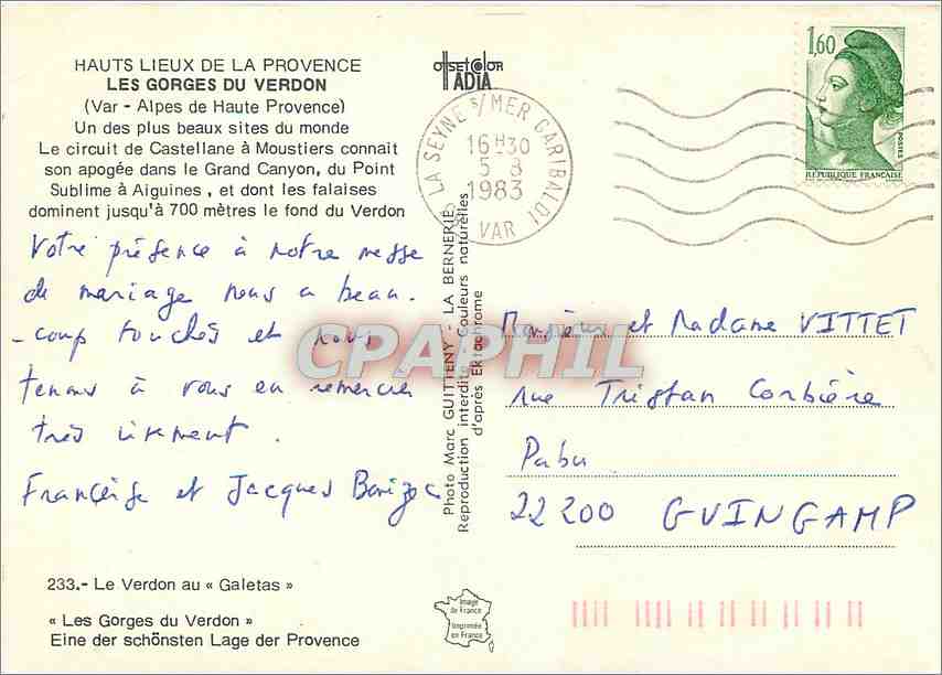 CPM Les Gorges du Verdon (Var Alpes de Haute Provence) un des plus beaux sites du mondes — Rückseite
