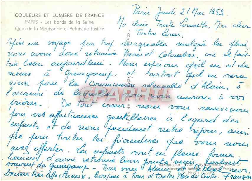 CPM Paris Les bords de la seine Quai de la Megisserie et Palais de Justice — Rückseite