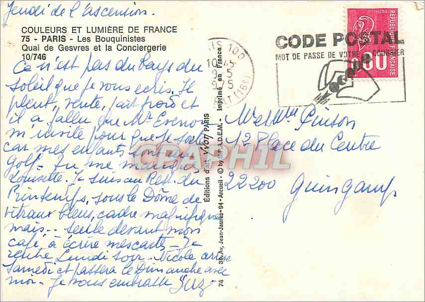 CPM Paris Les Bouquinistes quai de Gesvres et la Conciergerie — Rückseite