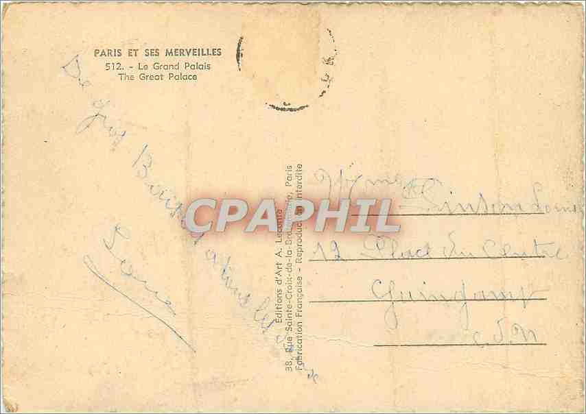 CPM Paris et ses merveilles le grand Palais — Rückseite