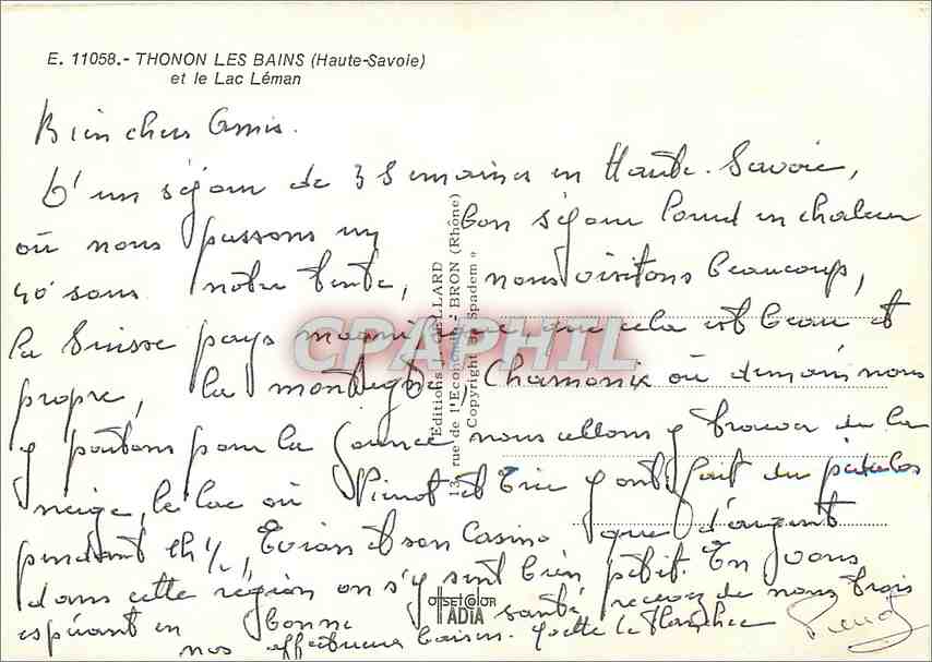 Thonon-les-Bains — vue panoramique avec téléphérique et lac — Éditions Bellard n°278 — Verso