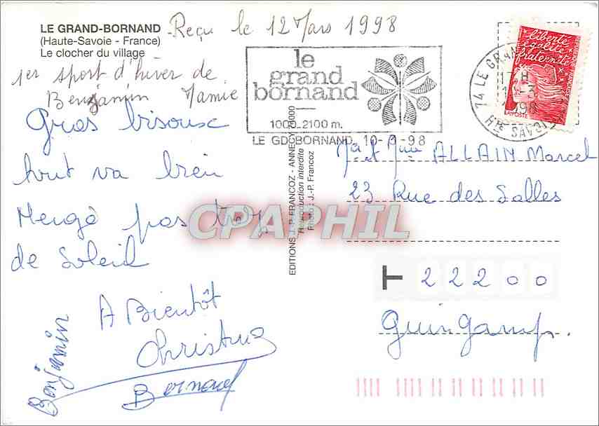 Le Grand Bornand — clocher enneigé — Éditions J.-P. Francouz, n° 1000-2100 m — Reverso