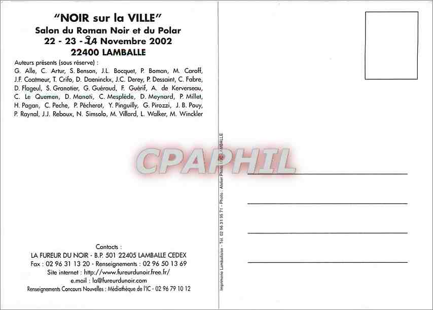 CPM Noir sur la Ville salon du Roman noir et du Polar 22 23 24 Novembre 2002 22400 Lamballe — Verso