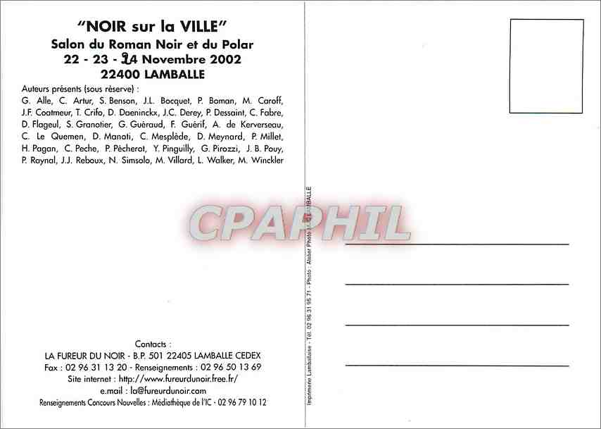 CPM Noir sur la Ville Salon du Roman Noir et du Polar 22 23 24 Novembre 2002 Lamballe — Verso