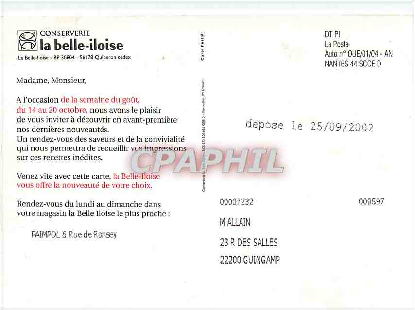 CPM Conserverie La belle iloise Semaine du Gout — Rückseite