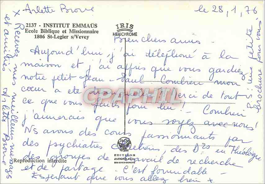 CPM Institut Emmaus Ecole Biblique et Missionnaire St Legier sur Vevey — Rückseite
