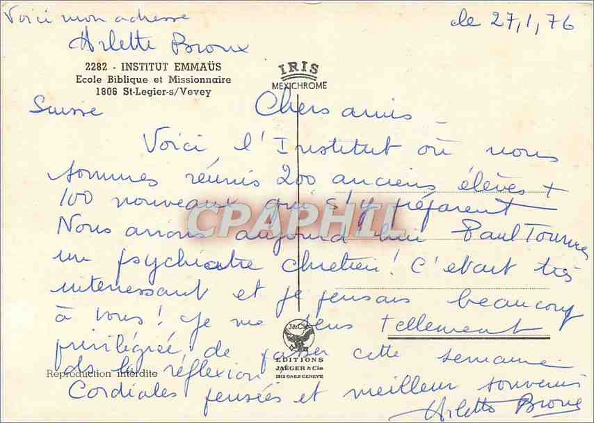 CPM Institut Emmaus Ecole biblique et Missiionnaire St Legier sur Vevey — Rückseite
