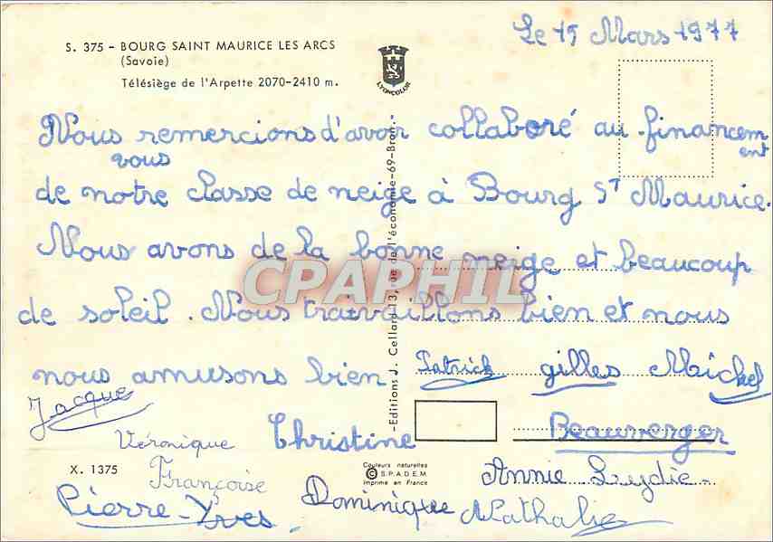 CPM Bourg Saint Maurice les Arcs (Savoie) Telesiege de l'Arpette 2070 2410 m — Rückseite