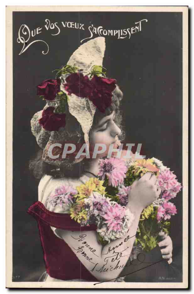 Fille en bonnet de dentelle avec bouquet de fleurs — Que vos vœux s'accomplissent — AN 77