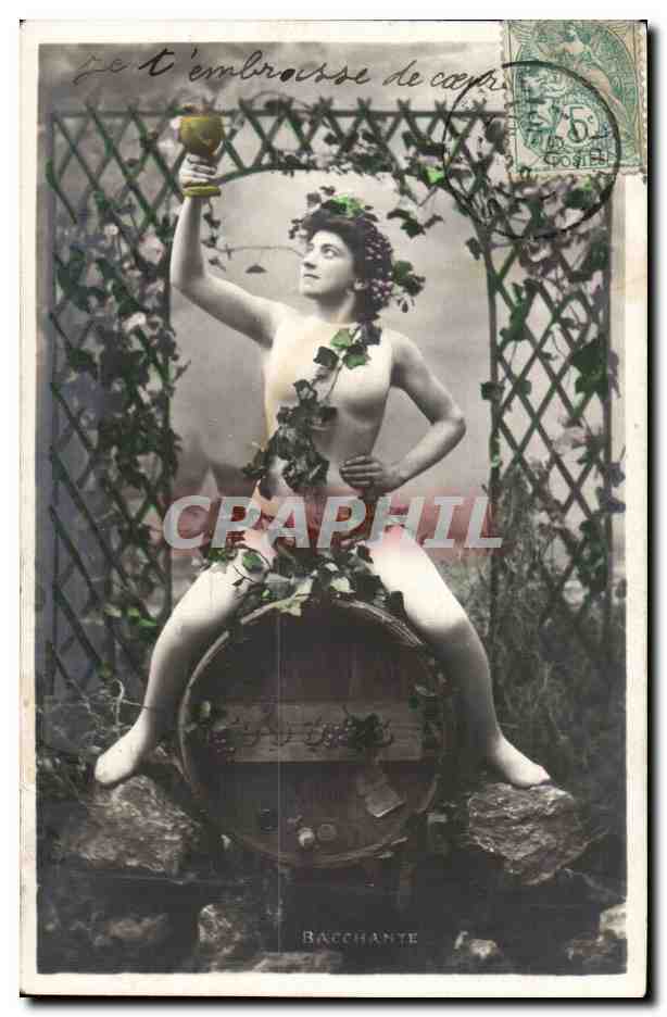 Bacchante — mujer desnuda rodeada de viñedos, sentada sobre un barril — editor no visible, número de serie no visible