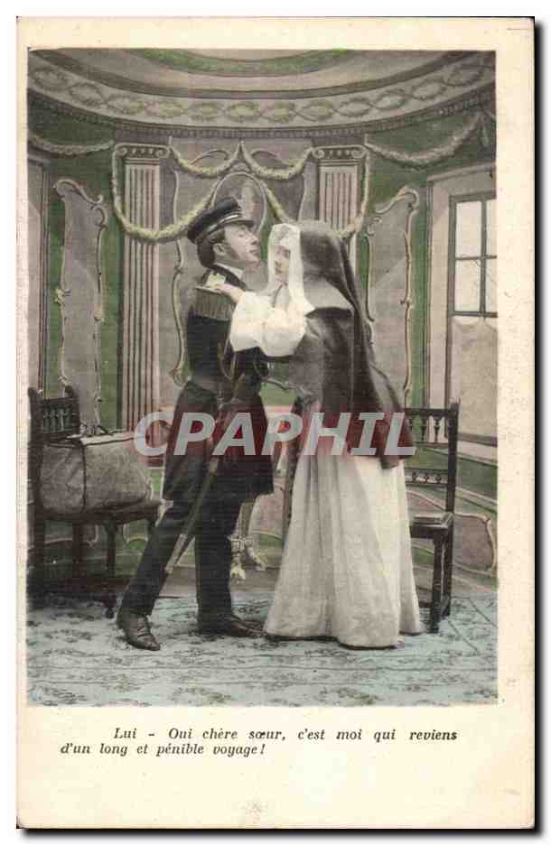 Soldat et religieuse — scène de retrouvailles — carte postale française