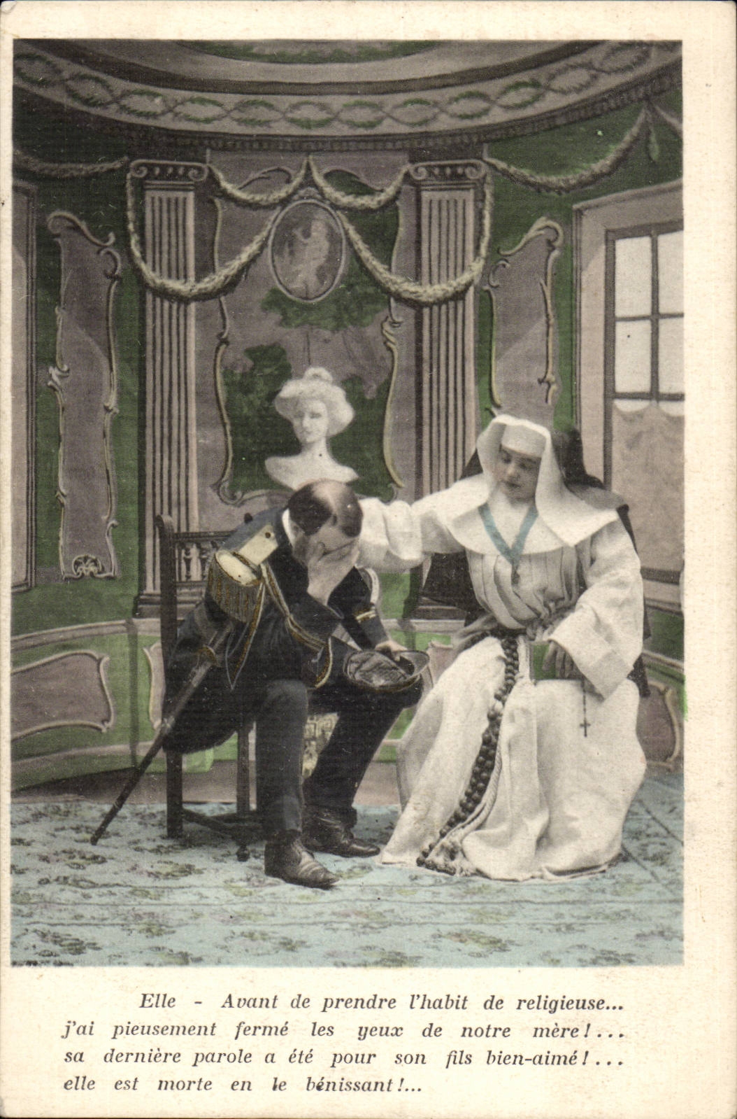 Scène religieuse — une religieuse bénissant un jeune homme en uniforme — éditeur non visible