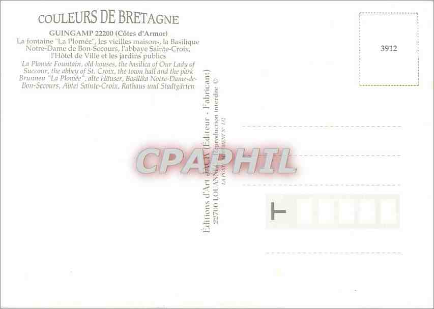 CPM Guingamp (Cote d'Armor) La Fontaine La Plomee Les vieille maisons la Basilique N D de Bon de Sec — Rückseite
