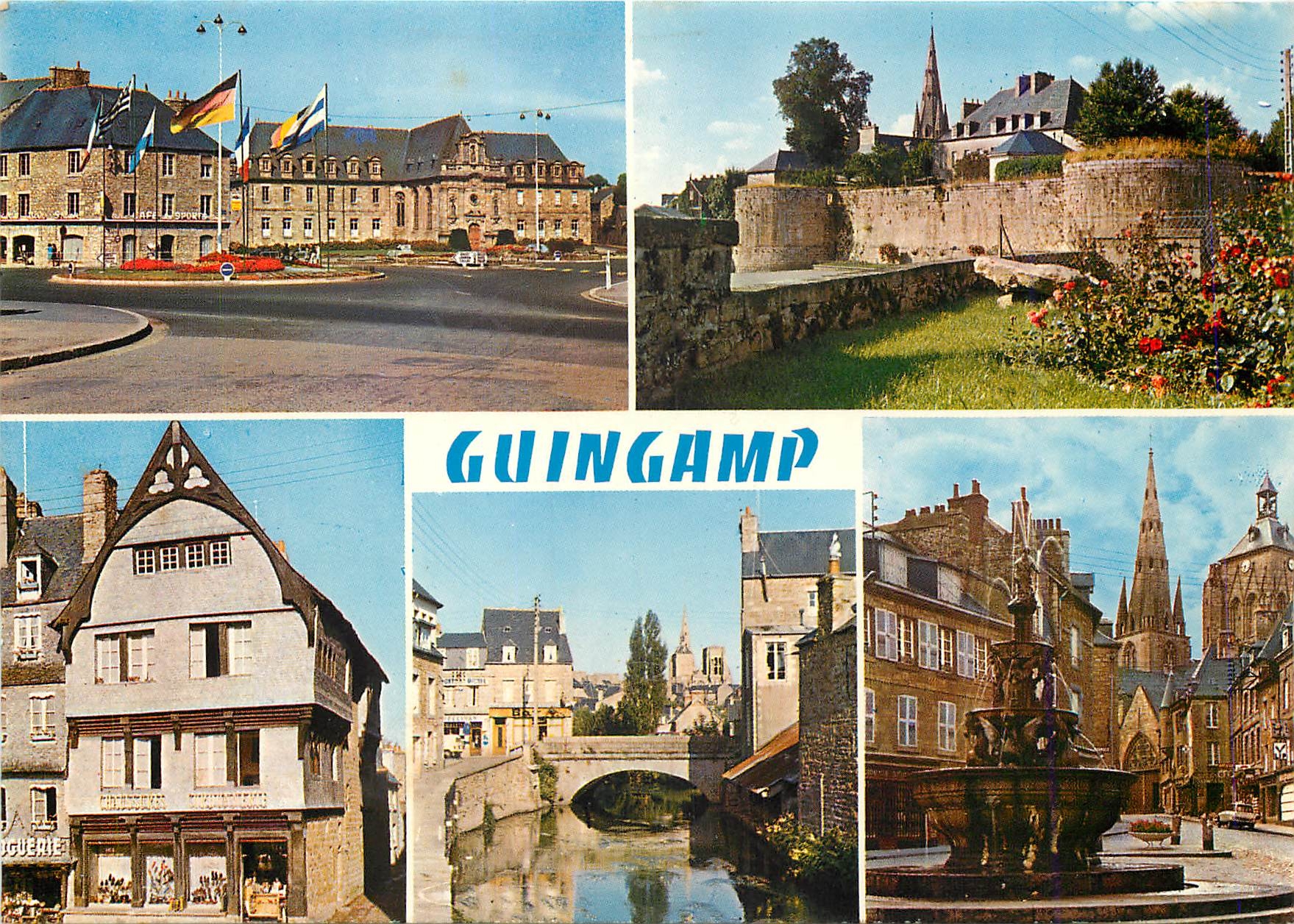 CPM Guingamp La Place de Verdun les remparts veieille maisons le Trieux et la Fontaine