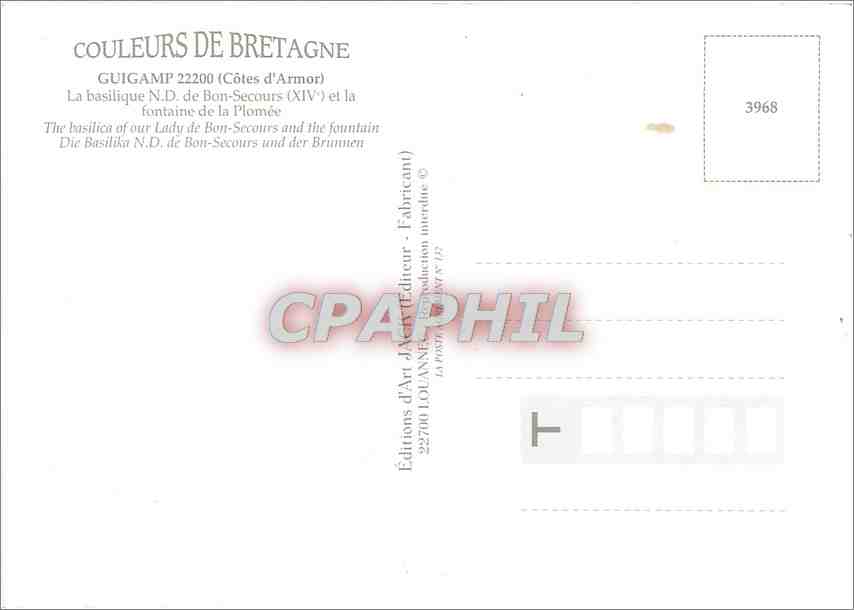 CPM Guingamp (Cote d'Armor) la basilique N D de Bon de secours (XIVe) et la fontaine de la Plomee — Rückseite