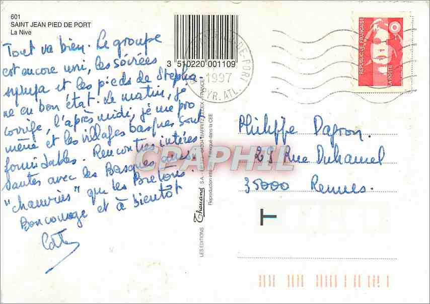 Saint-Jean-Pied-de-Port — vue du village et du pont sur la Nive — Éditions Echouand, n°601 — Rückseite