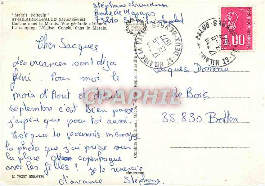 CPM Marais Poitevin St Hilaire la Palud (Deux Sevres) Conche dans le Marais vue generale aerienne — Rückseite