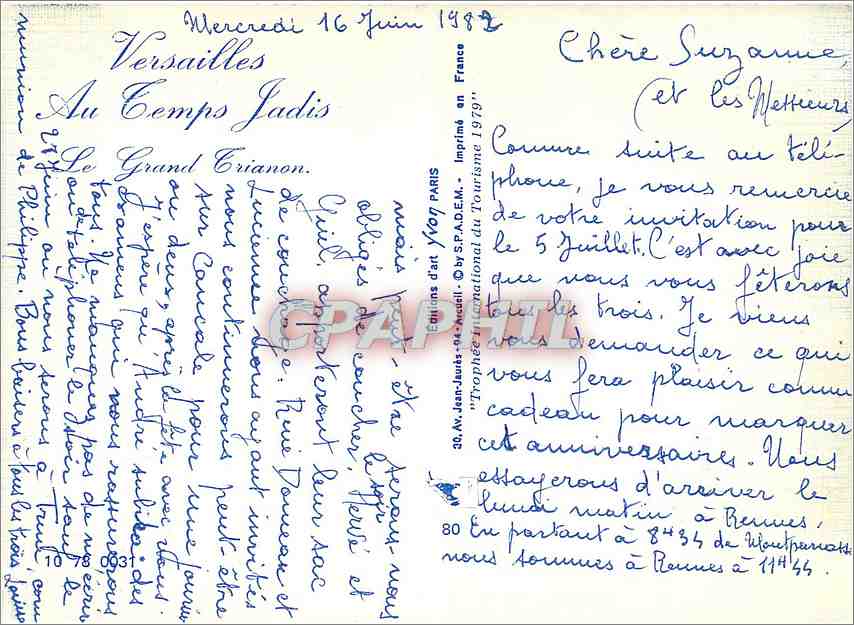 CPM Versailles (Seine et Oise) au temps jadis — Verso
