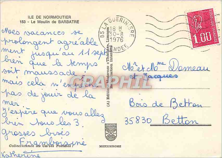 CPM Ile de Noirmoutier Le Moulin de Barbatre — Rückseite