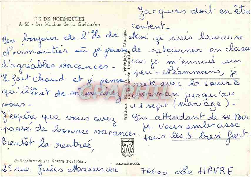 CPM Ile de Noirmoutier les Moulins de la Gueriniere — Back