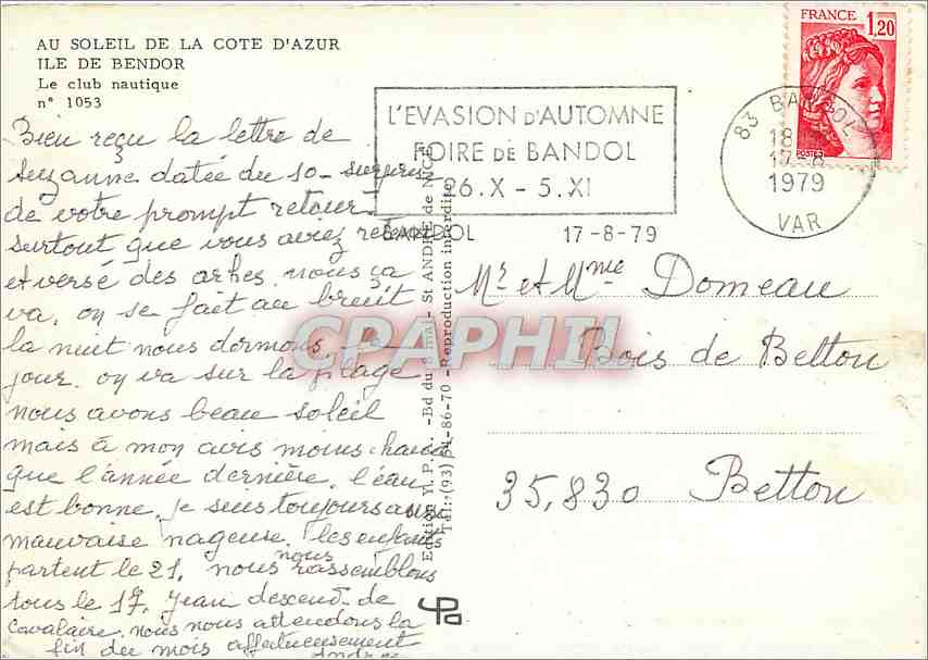 CPM Au soleil de la Cote d'Azur Ile de Bendor Le club nautique — Verso