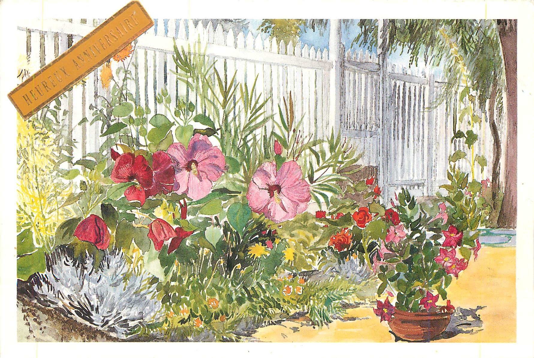 CPM Cartina les Hibiscus Aquarelle de Michelle