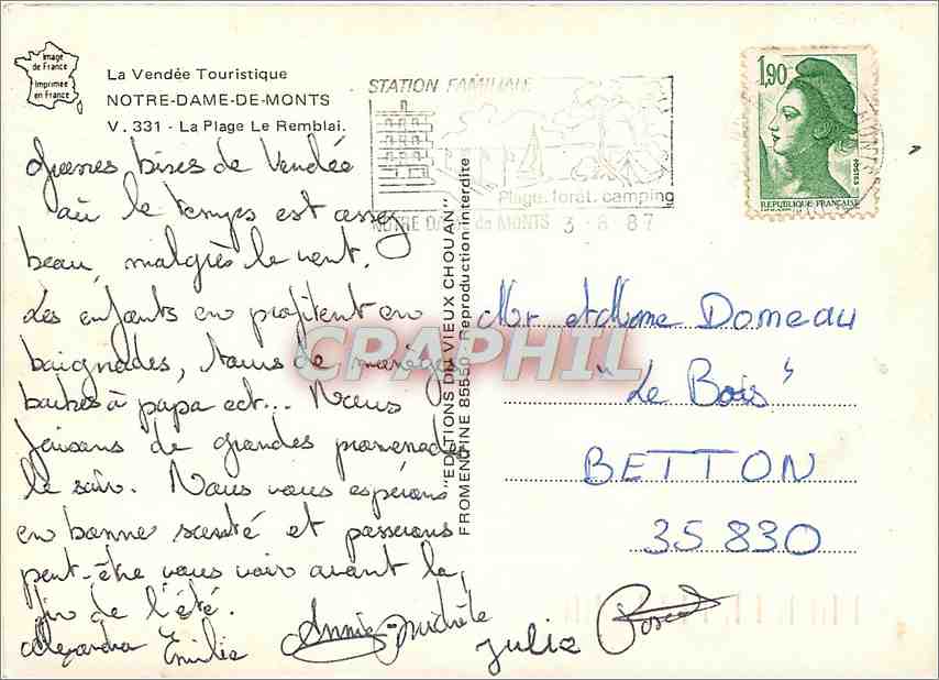 CPM La Vendee Touristique Notre Dame de Monts La Plage le Remblai — Back