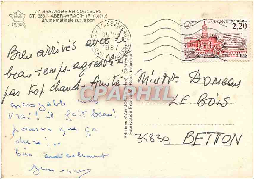 CPM La Bretagne en Couleurs Aber Wrac'h (Finistere) Brume matinale sur le Port — Back