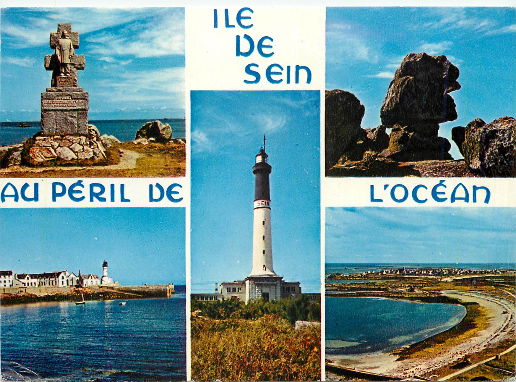 CPM L'Ile de Sein Monmument des F F L le Sphinx le phare du Bourg et la vue generale de l'ILE