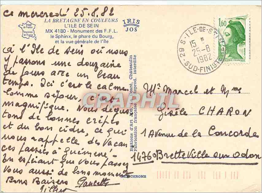CPM L'Ile de Sein Monmument des F F L le Sphinx le phare du Bourg et la vue generale de l'ILE — Rückseite