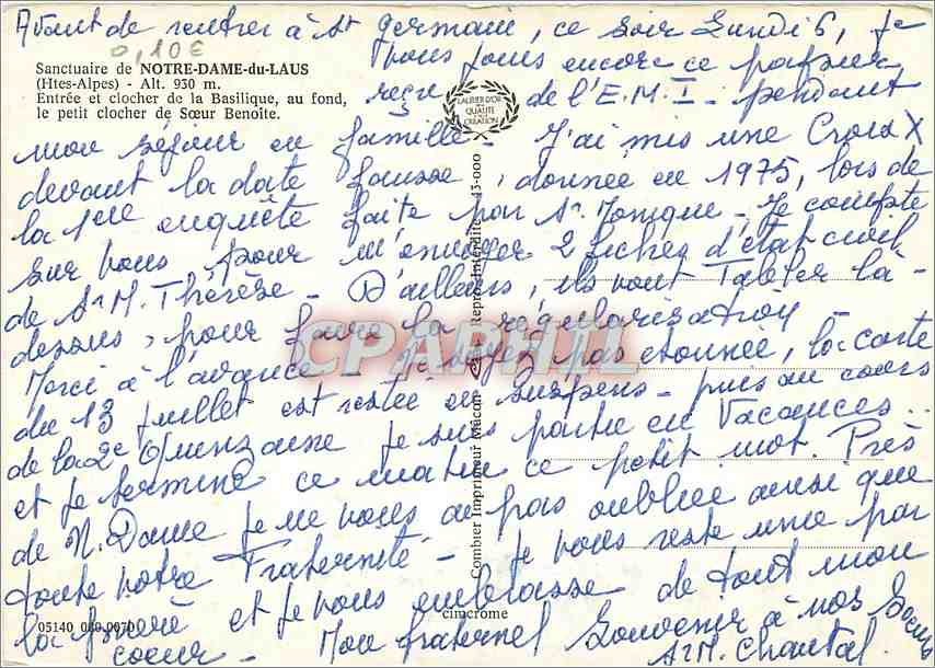 Heiligtum Notre-Dame-du-Laus — Hautes-Alpes — Verleger: Imprimeur Macom — Rückseite