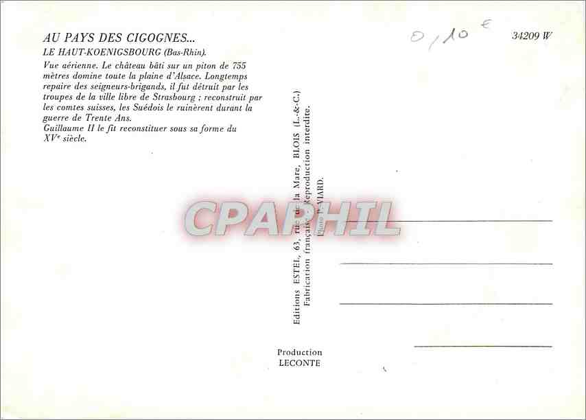 CPM au Pays des Cigogne le Haut Koenigsbourg (Bas Rhin) — Rückseite