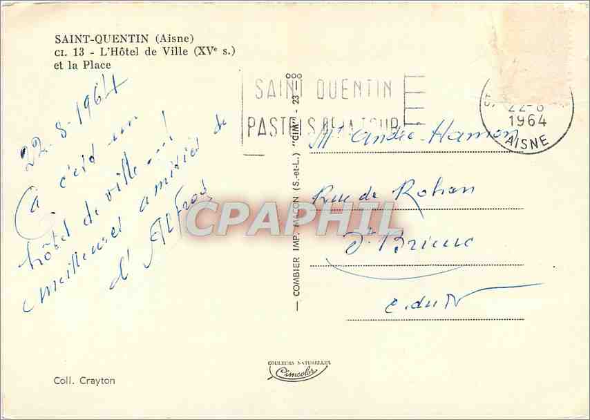 Saint-Quentin (Aisne) — L'Hôtel de Ville (XVe s.) et la Place — Éditeur Combier, n° 13 — Verso
