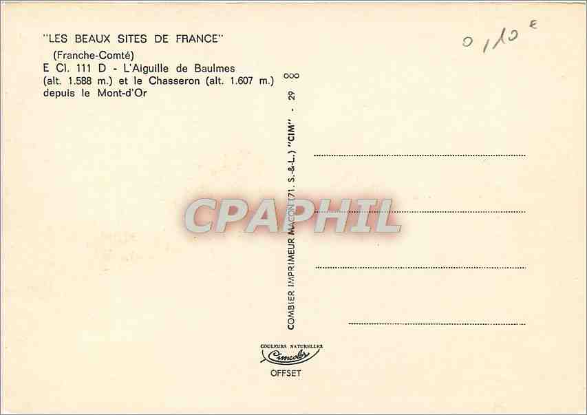 CPM Les Beaux Sites de France (Franche Comte) L'Aiguille de Baulmes (alt 1588 m) — Rückseite