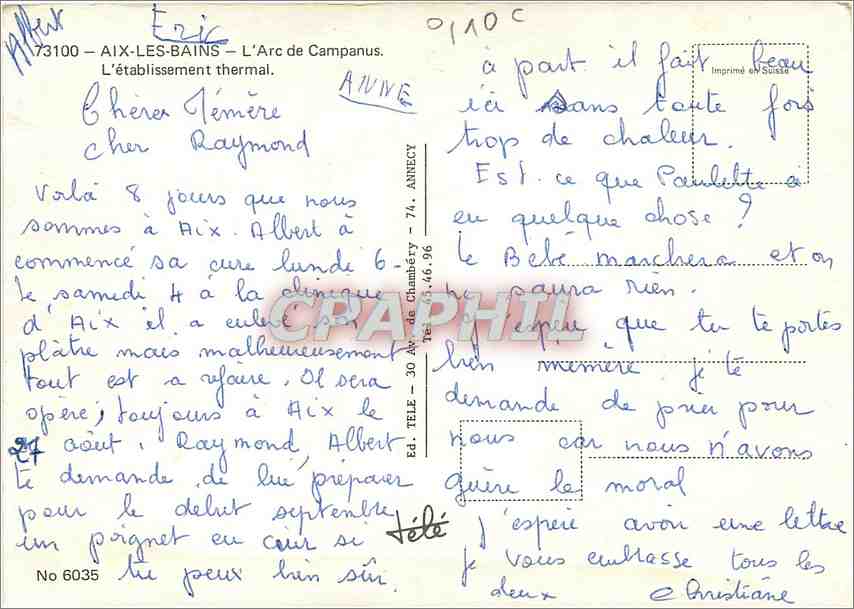 CPM Aix les Bains Etablissement Thermal L'Arc de Campanus — Rückseite