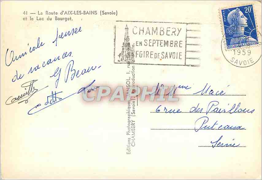 CPM La Route d'Aix les Bains et le lac du Bourget — Verso