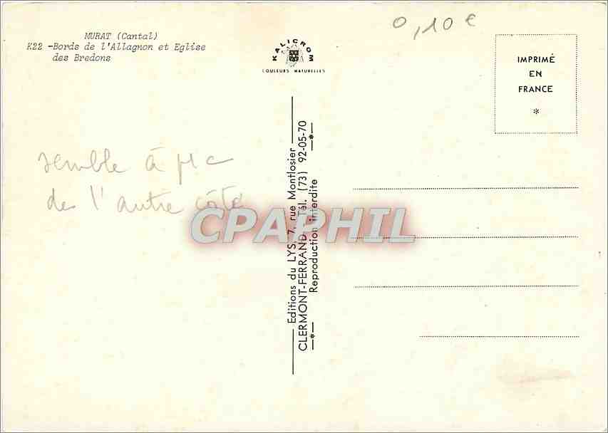 CPM Murat (Cantal) Bords de l'Allagnon et Eglise des Bredons — Rückseite
