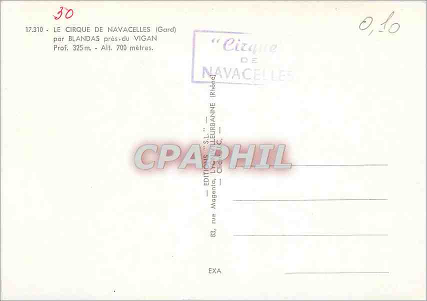 CPM Le Cirque de Navacelles (Gard) par Blandaspres du Vigan prof 325 m alt 700 m — Rückseite