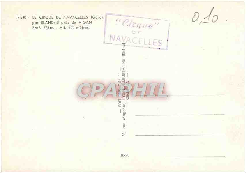 CPM Le Cirque de Navacelles (Gard) par Blandas pres du Vigan prof 325 m alt 700 m — Rückseite