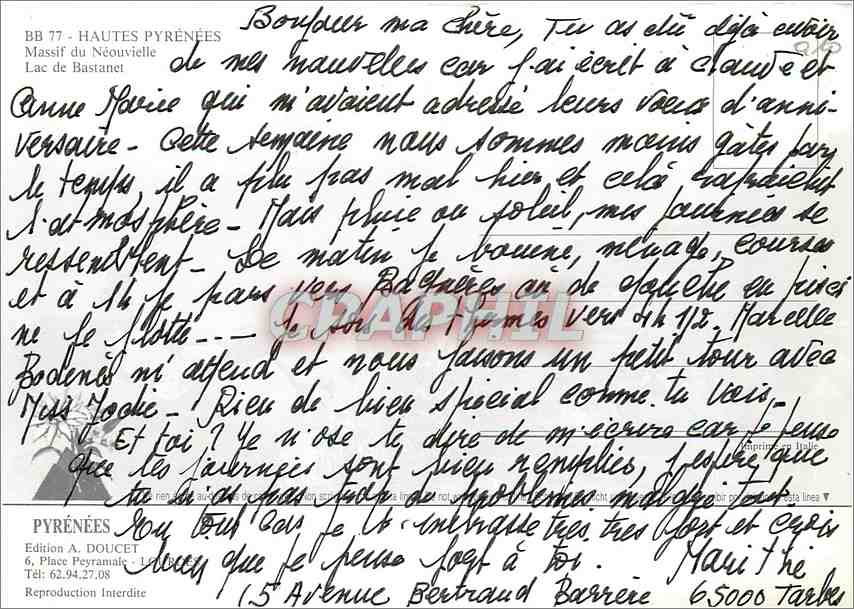 Lac de Bastanet — Massif du Néouvielle — Édition A. Doucet — Verso