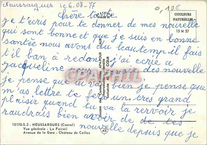 CPM Neussargues (Cantal) Vue generale le Foirail Avenue de la Gare Chateau de Celles — Rückseite