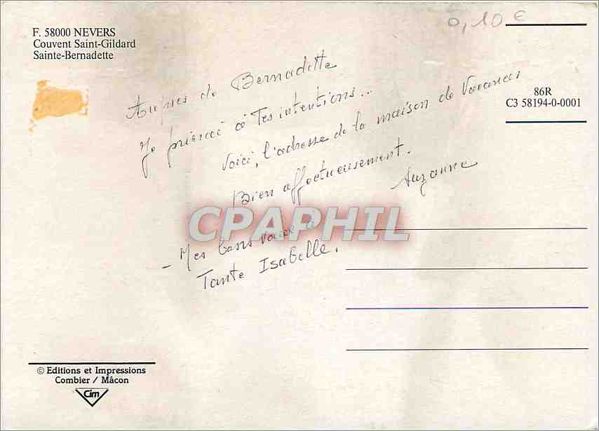 CPM Nevers (Nievre) Couvent Saint Gildard Sainte Bernadette — Rückseite
